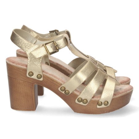 Sandalias doradas tacón y plataforma para mujer