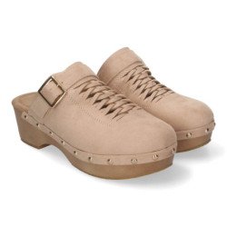 Zuecos de tacón y plataforma pala hebilla y tachuelas mujer color beige DB-3241