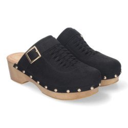 Zuecos de tacón y plataforma pala hebilla y tachuelas mujer color negro DB-3241