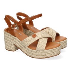 Sandalias de tacón y plataforma en yute hebilla para mujer beige F230-12