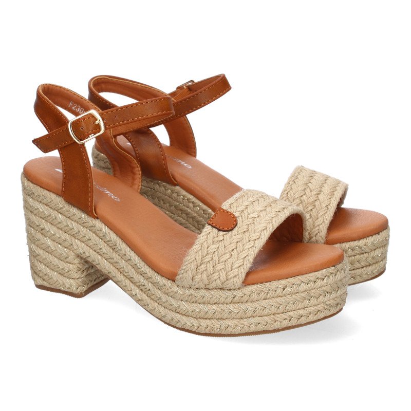 Sandalias de tacón y plataforma en yute hebilla para mujer color beige F230-13