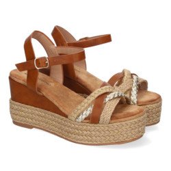 Sandalias de cuña y plataforma en yute hebilla para mujer color camel F260-14