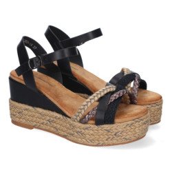 Sandalias de cuña y plataforma en yute hebilla para mujer color negro F260-14