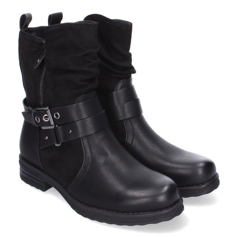 Botines planos estilo motero biker para mujer color negro F6603