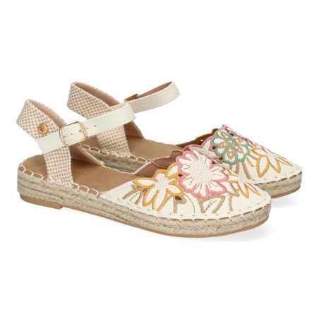 Sandalias planas en yute flores bordadas mujer color apricot FB-3466