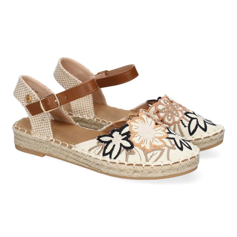 Sandalias planas en yute flores bordadas mujer color negro FB-3466