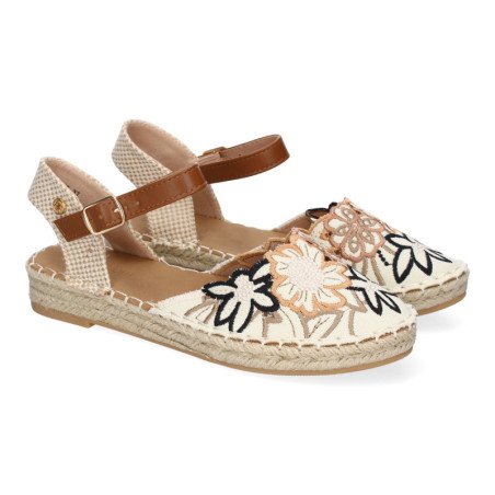 Sandalias planas en yute flores bordadas mujer color negro FB-3466