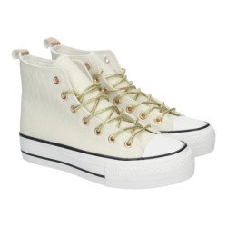 Zapatillas abotinadas en lona lazos dorados para mujer blanco FC-68