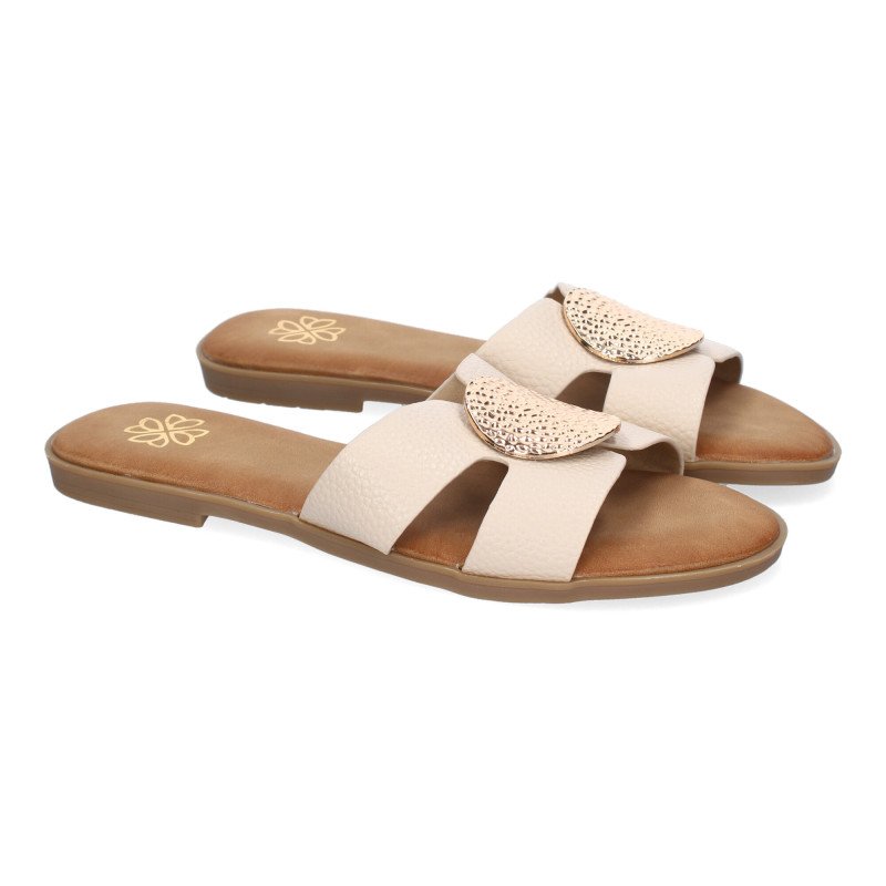 Sandalias planas cómodas broche en pala mujer beige GG-63