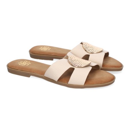 Sandalias planas cómodas broche en pala mujer beige GG-63