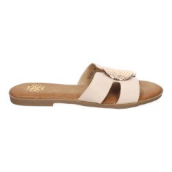 Sandalias planas cómodas broche en pala mujer beige GG-63