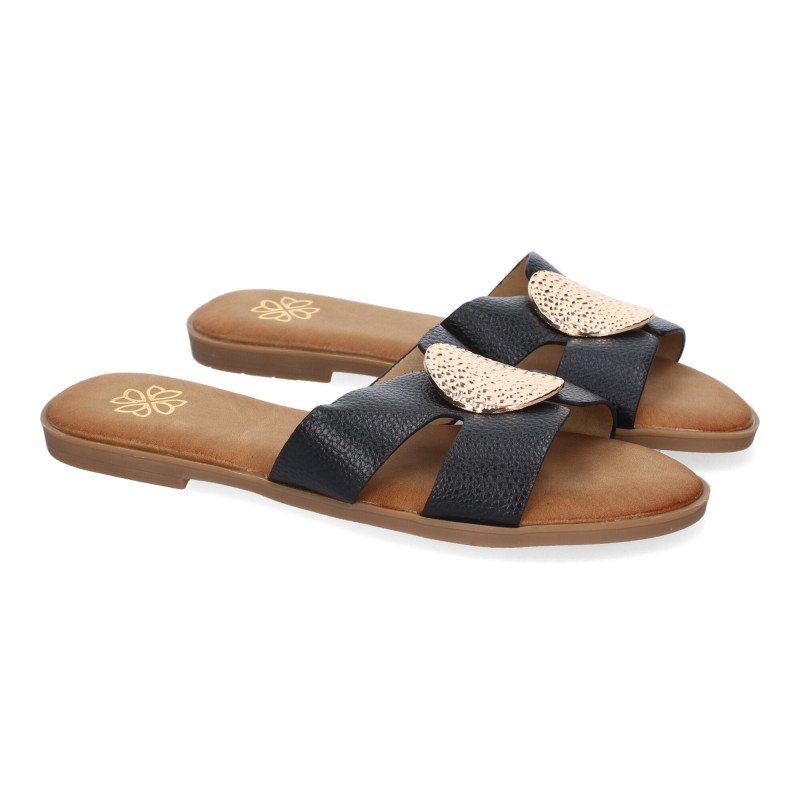 Sandalias planas cómodas broche en pala mujer negro GG-63