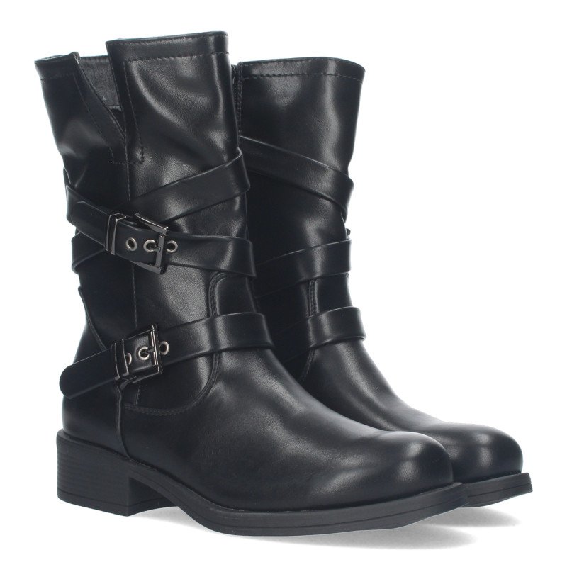 Bota estilo motero tacón bajo hebillas mujer color negro H69561-5