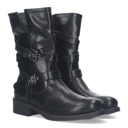 Bota estilo motero tacón bajo hebillas mujer color negro H69561-5
