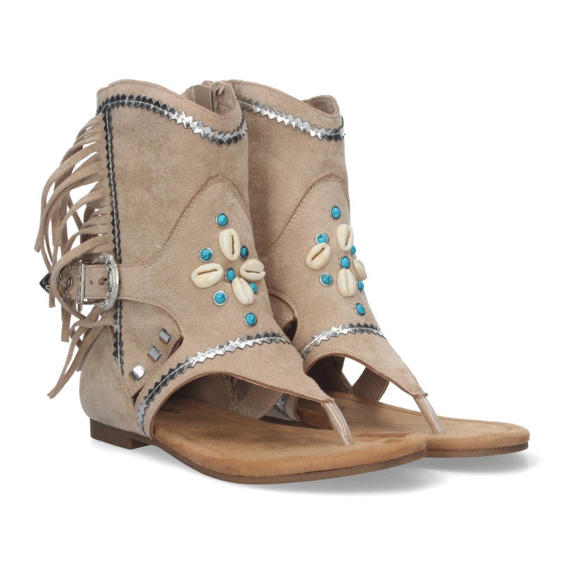 Sandalias planas tipo esclava con flecos para mujer apricot JH-168