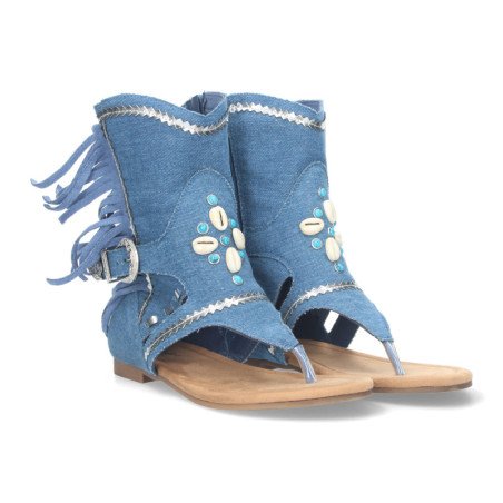 Sandalias planas tipo esclava con flecos para mujer azul JH-168