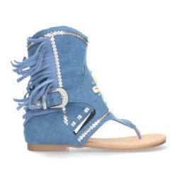 Sandalias planas tipo esclava con flecos para mujer azul JH-168