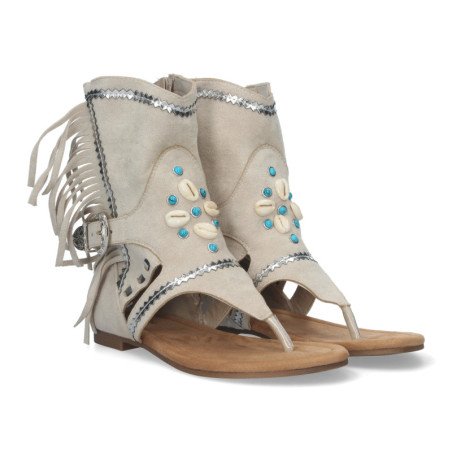 Sandalias planas tipo esclava con flecos para mujer beige JH-168