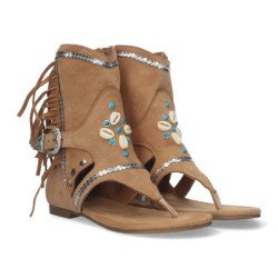 Sandalias planas tipo esclava con flecos para mujer camel JH-168