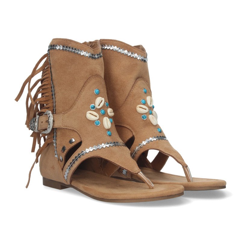 Sandalias planas tipo esclava con flecos para mujer camel JH-168
