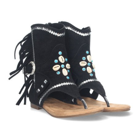 Sandalias planas tipo esclava con flecos para mujer negro JH-168
