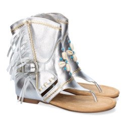 Sandalias plateadas planas tipo esclava con flecos para mujer JH-168