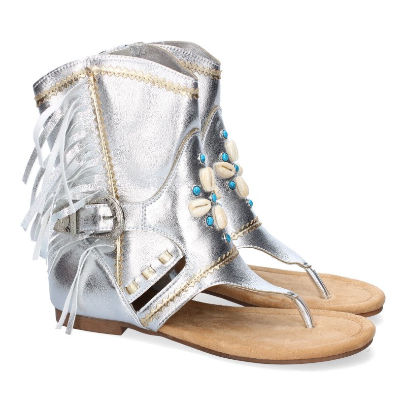 Sandalias plateadas planas tipo esclava con flecos para mujer JH-168