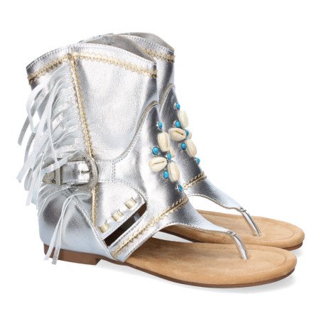 Sandalias plateadas planas tipo esclava con flecos para mujer JH-168