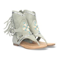 Sandalias planas tipo esclava con flecos para mujer verde JH-168