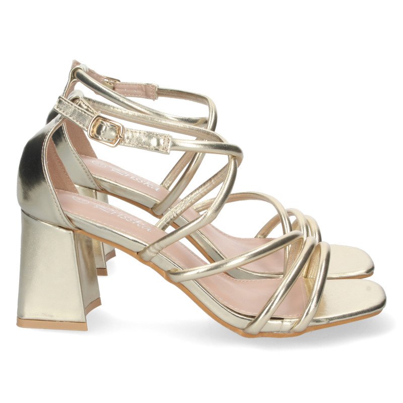 Sandalias doradas de tacón bajo para fiesta tiras cruzadas mujer JL730