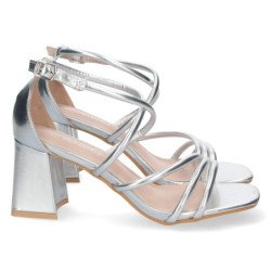 Sandalias plateadas de tacón bajo para fiesta tiras cruzadas mujer JL730