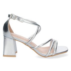 Sandalias plateadas de tacón bajo para fiesta tiras cruzadas mujer JL730
