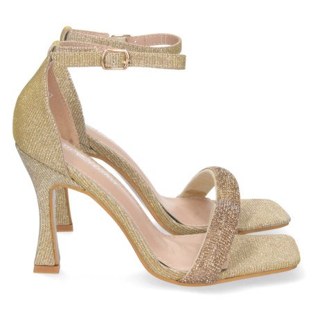 Sandalias de fiesta doradas con tacón cierre hebilla para mujer