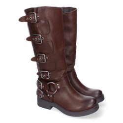Botas altas estilo motero hebillas para mujer color marrón JW210