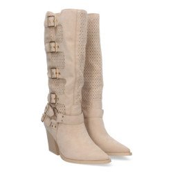Botas altas de tacón medio con hebillas estilo motero mujer color beige L1000