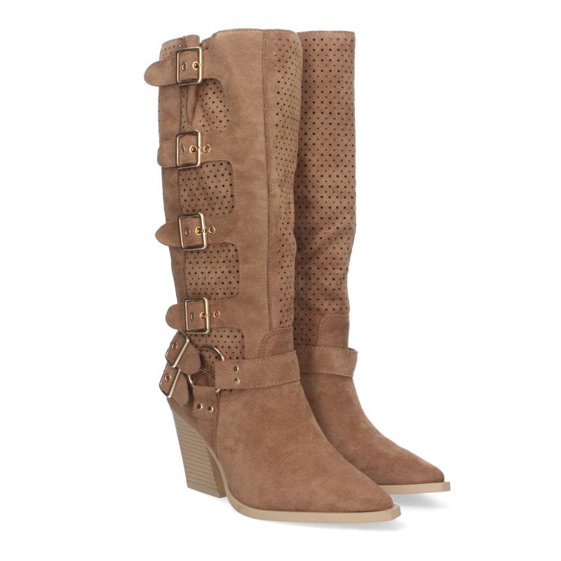 Botas altas de tacón medio con hebillas estilo motero mujer color camel L1000