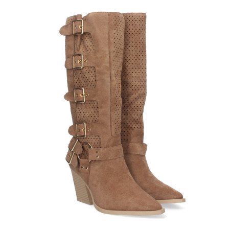 Botas altas de tacón medio con hebillas estilo motero mujer color camel L1000