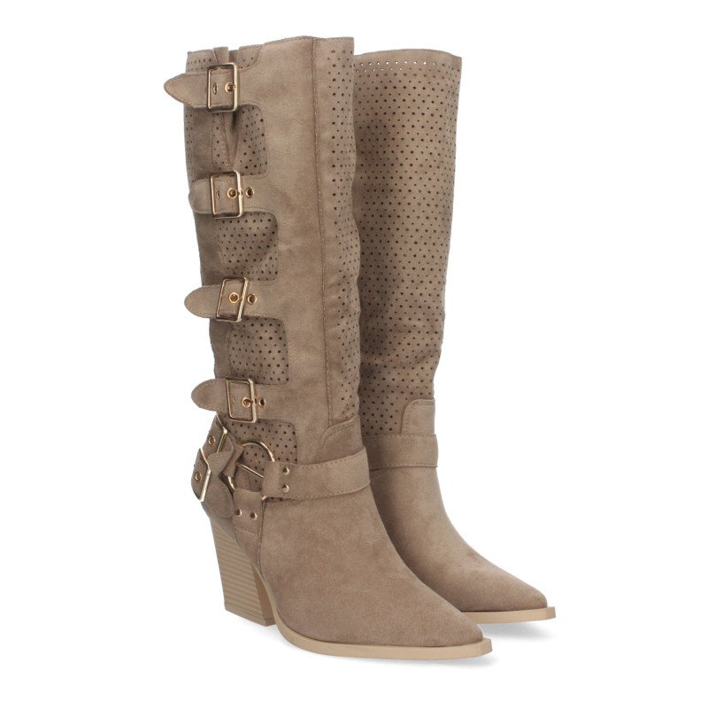 Botas altas de tacón medio con hebillas estilo motero mujer color caqui L1000