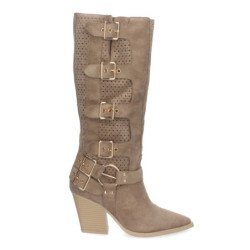 Botas altas de tacón medio con hebillas estilo motero mujer color caqui L1000