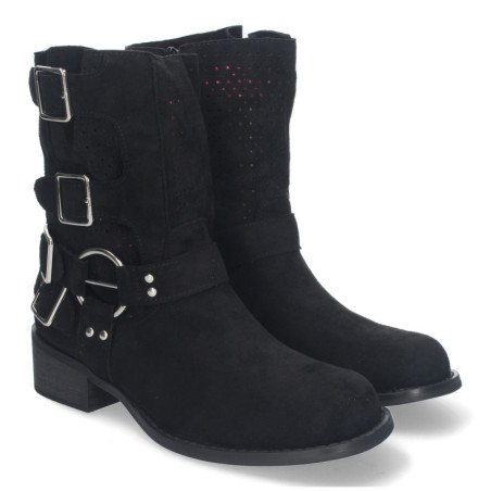 Botines de tacón bajo calados estilo motero mujer color negro L1001