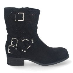 Botines de tacón bajo calados estilo motero mujer color negro L1002