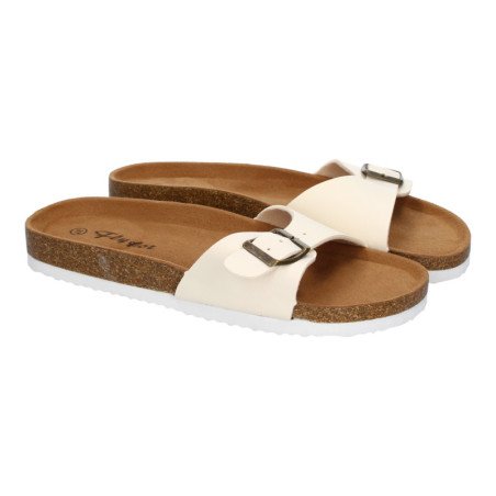 Sandalias planas cómodas para mujer pala hebilla color beige M-102