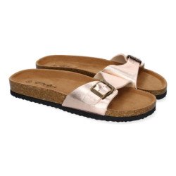 Sandalias planas cómodas para mujer pala hebilla color champan M-102