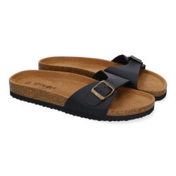 Sandalias planas cómodas para mujer pala hebilla color negro M-102