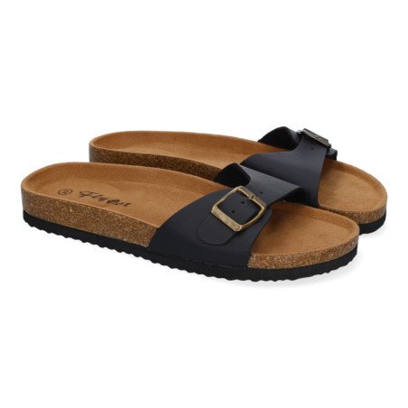 Sandalias planas cómodas para mujer pala hebilla color negro M-102