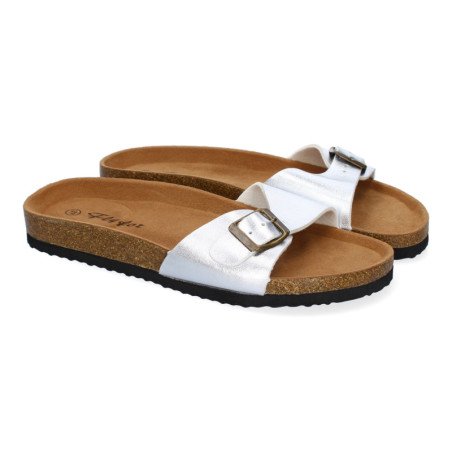 Sandalias planas cómodas para mujer pala hebilla color plata M-102