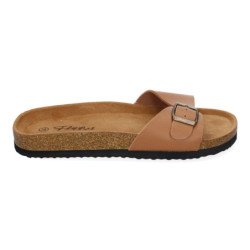 Sandalias planas cómodas para mujer pala hebilla color taupe M-102
