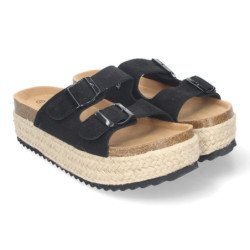 Sandalias planas de plataforma en yute mujer comodas color negro M-189