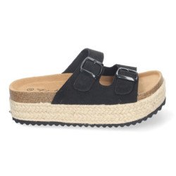 Sandalias planas de plataforma en yute mujer comodas color negro M-189
