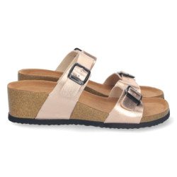 Sandalias de cuña bio y hebilla mujer color champán M-220